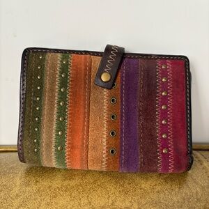 VTG Fossil Patchwork Suede Leather Wallet Boho Y2K Studded Tri-Fold